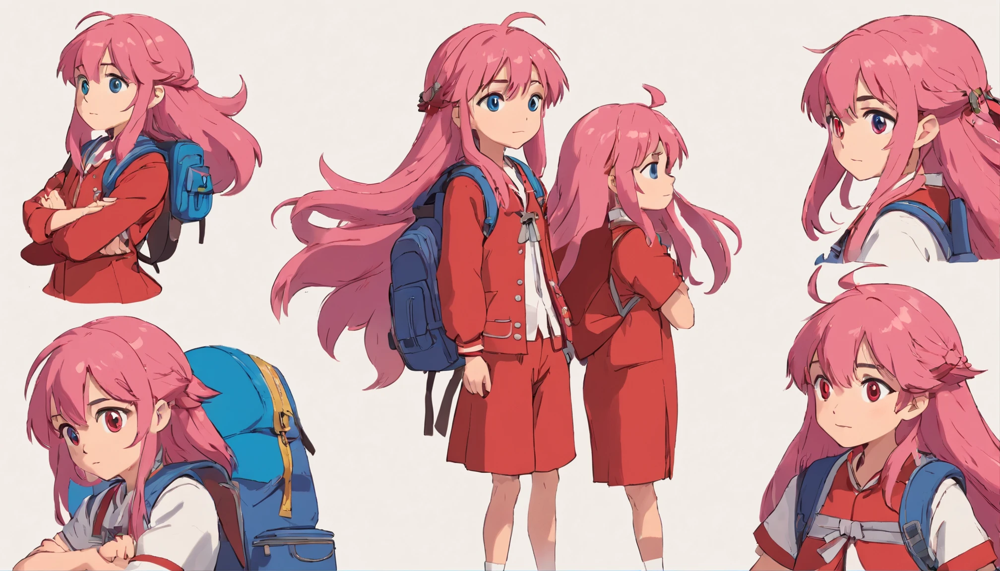  girl named Beverly Chandra with long flowy pink hair, blue eyes, dressed with red suit and backpack. ((character design sheet)) ((((different poses different angles))))