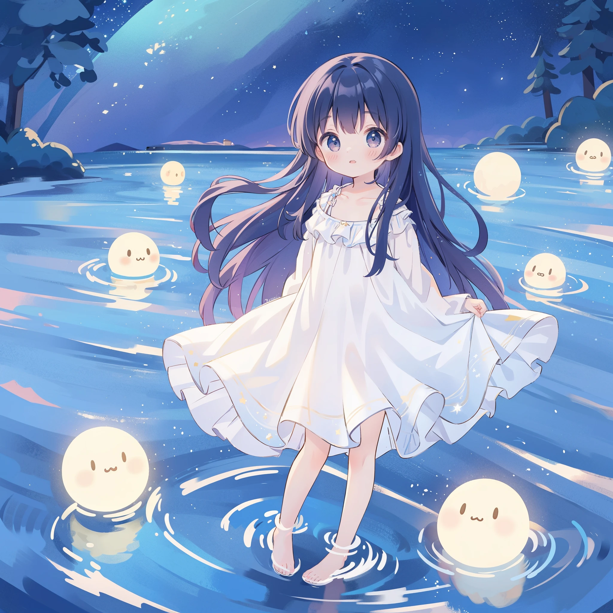 Top Quality, Masterpiece, Ultra High Resolution, Pretty Facial Features, Flat Design, Shoshi no Ko, Hoshino Ai, simple background, giant glowing cute stars, ziyu, colorful, cute girl standing in water, starry sky in background, huge full moon, water ripples, beautiful simple flowing white dress