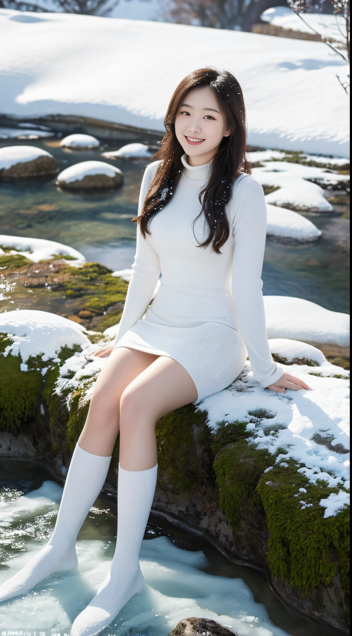 On a vibrant winter afternoon，8K high-definition painting shows a 19-year-old girl。She is wearing a white tight dress，Sitting quietly on a large moss-covered stone in the snow。The sun shines，Her smile is like the winter sunshine，Full of youthful vitality。Surrounding snow areas、The frozen river water together forms a beautiful picture，Telling about winter afternoons。