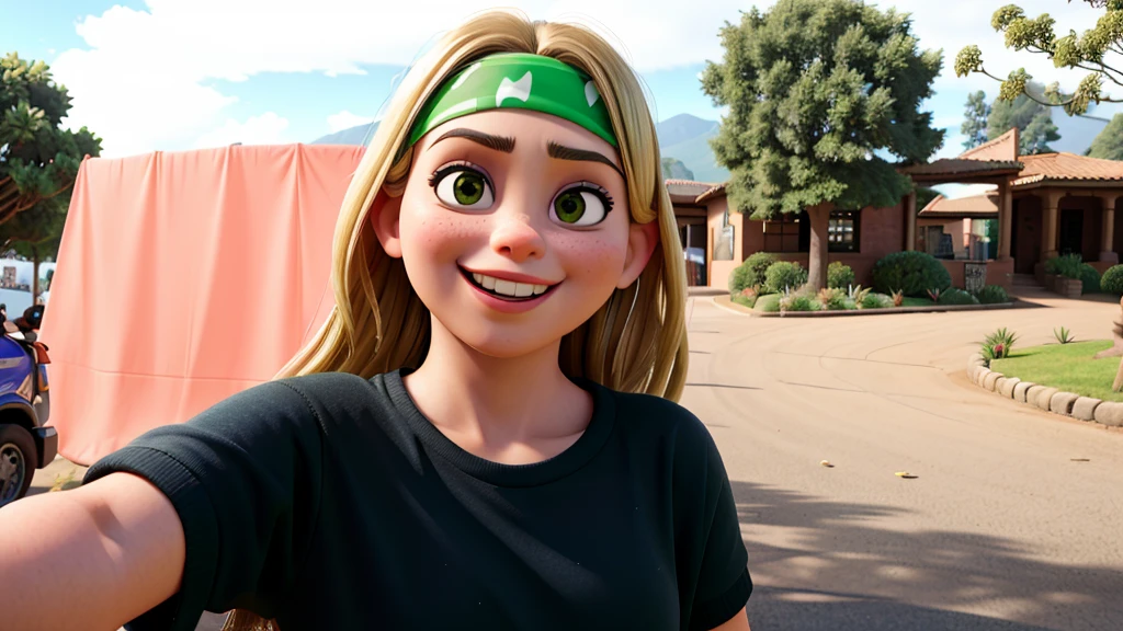there is a woman taking a selfie with a green headband, lengua fuera, Cara de pato, lengua que sobresale, lengua larga, Muecas, lamer, cara tonta, nariz recta!!!, Cara sudorosa, barbilla fuerte, nariz recta, nariz recta!!!!!, una nariz, sonrisa tonta, cara recta, barbilla lisa, selfie shot straight on angle, Lengua de lagarto