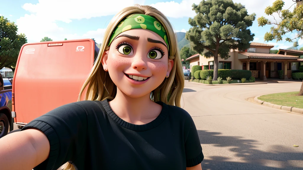 there is a woman taking a selfie with a green headband, lengua fuera, Cara de pato, lengua que sobresale, lengua larga, Muecas, lamer, cara tonta, nariz recta!!!, Cara sudorosa, barbilla fuerte, nariz recta, nariz recta!!!!!, una nariz, sonrisa tonta, cara recta, barbilla lisa, selfie shot straight on angle, Lengua de lagarto