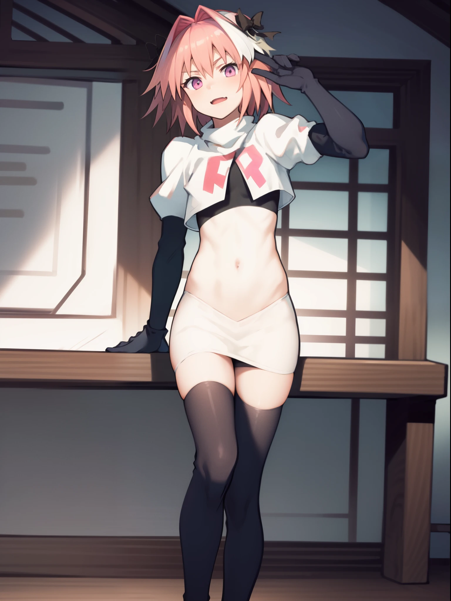absurdres, masterpiece, best quality, (astolfo fate:1.2155), 1boy, male focus, trap, pink multicolored hair, pink hair, white hair, hair intakes, long hair, pink detailed eyes, crossdressing,1boy, team rocket,team rocket uniform, red letter R, white skirt,white crop top,black thigh-highs,black elbow gloves