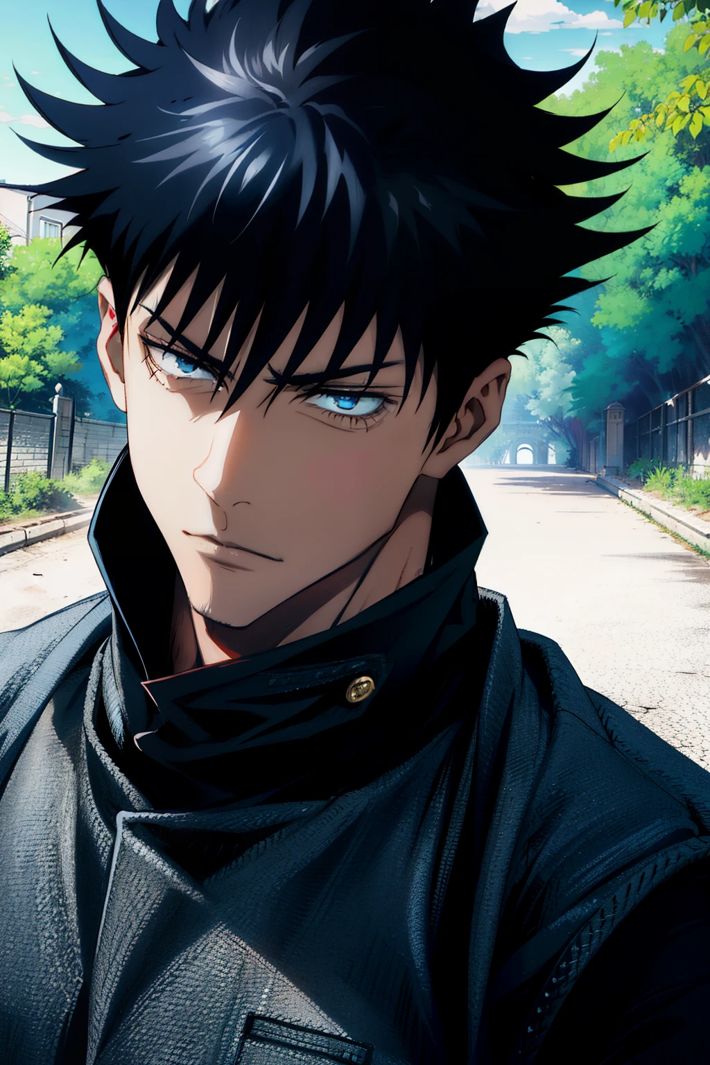 (absurdres, highres, ultra detailed), 1 male, adult, handsome, tall muscular guy, broad shoulders, finely detailed eyes and detailed face, megumi_fushiguro, long black spiked hair, blue eyes, handsome, Sunlight, Fantastic light and shadow, Scenery, portrait, open mouth, sexy, attractive, full body, , bangs, cute face, black clothing