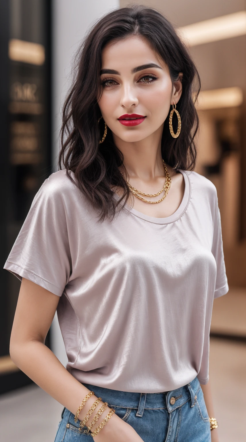 (RAW photo, realism: 1.8), (dark lip gloss, light red lipstick, many eyelashes, dark black eye shadow, very shy, very blushing, high quality, high resolution, depth of field, chromatic aberration, caustic, wide light, natural colors, 30 year old woman), neck thin gold chain, golden nose pin, small earrings, gold bracelets, wear many accessories, small toned breasts, style A good woman, fair glowing pink skin, ((Best Quality, 8k, Masterpiece:1.3)), Focus: 1.2, Perfect Body Beauty: 1.4, Arabian 30 years old woman: 1.2, ((Short silky Hairs)), (Purple baggy basic tee-shirt:1.1), silk golden tee-shirt, Highly detailed face and skin texture, Detailed eyes, Double eyelids, toned body, Whitened skin, minor smile, small breasts, toned legs, beautiful detailed feets, long heel's, detailed feets and fingers, perfect feet's, toned legs, whitened skin, detailed sharp eyes and face, middle eastern woman, baggy basic tee-shirt, simple plain Baggy Tee-shirt, toned hips, 8K UHD, neck gold chain, model looks, standing outside at ((Dolman Mall Clifton Karachi)) carrying brown leather hand bag, rainy weather, wearing wrist watch, bracelet, bangle's open legs style Posing, rainy atmosphere, standing at Dolman Mall Clifton Karachi,