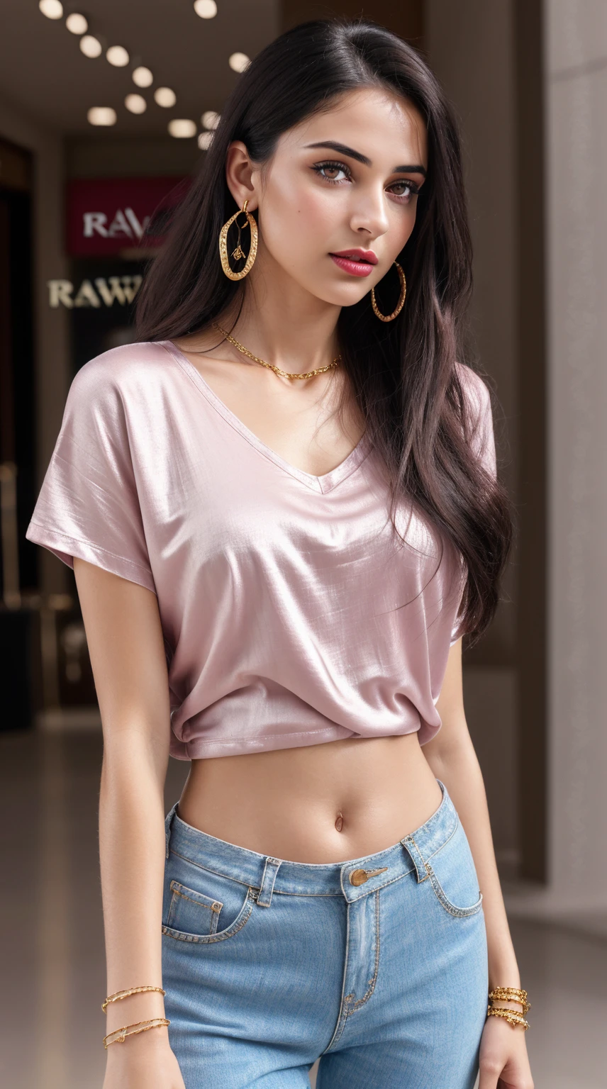 (RAW photo, realism: 1.8), (dark lip gloss, light red lipstick, many eyelashes, dark black eye shadow, very shy, very blushing, high quality, high resolution, depth of field, chromatic aberration, caustic, wide light, natural colors, 30 year old woman), neck thin gold chain, golden nose pin, small earrings, gold bracelets, wear many accessories, small toned breasts, style A good woman, fair glowing pink skin, ((Best Quality, 8k, Masterpiece:1.3)), Focus: 1.2, Perfect Body Beauty: 1.4, Arabian 30 years old woman: 1.2, ((Short silky Hairs)), (Purple baggy basic tee-shirt:1.1), silk golden tee-shirt, Highly detailed face and skin texture, Detailed eyes, Double eyelids, toned body, Whitened skin, minor smile, small breasts, toned legs, beautiful detailed feets, long heel's, detailed feets and fingers, perfect feet's, toned legs, whitened skin, detailed sharp eyes and face, middle eastern woman, baggy basic tee-shirt, simple plain Baggy Tee-shirt, toned hips, 8K UHD, neck gold chain, model looks, standing outside at ((Dolman Mall Clifton Karachi)) carrying brown leather hand bag, rainy weather, wearing wrist watch, bracelet, bangle's open legs style Posing, rainy atmosphere, standing at Dolman Mall Clifton Karachi,