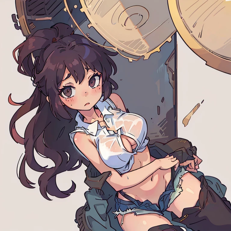 Super huge Super huge Super Giant Chest、A dark-haired、Ahoge、braid ponytail、top-quality、Beautuful Women、Beautiful Kyoto background、Beautiful gramophone、smile、
