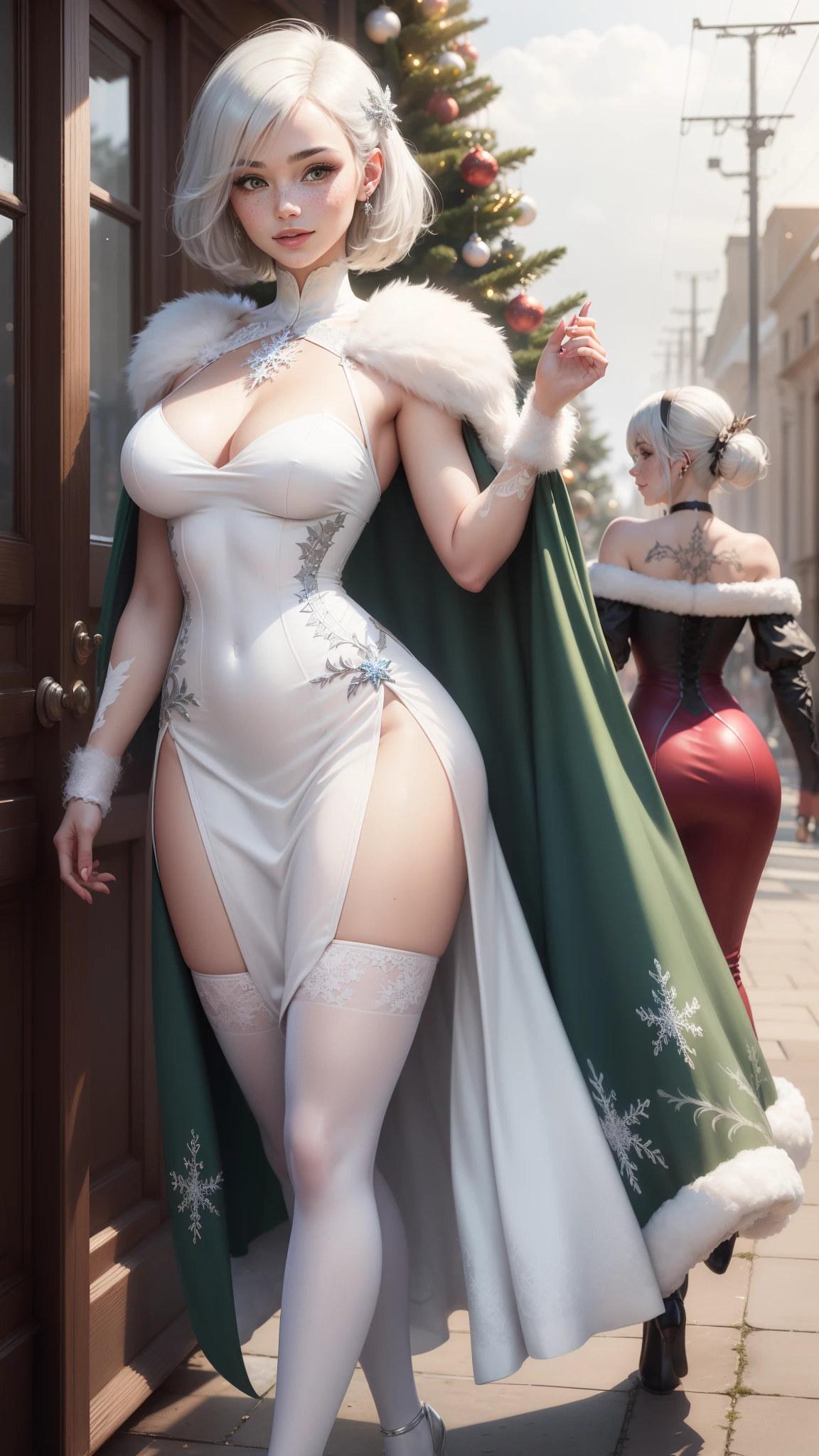 gwen tennyson,1girl,tracer,android 18,yorha 2b,rebecca chambers,nier automata,atelier ryza,close up,christmas forest,tattoos,white plugsuit,white short sleeve crystal top,silver embroidery long white snowflake gown dress,silver embroidery crystal corset,white panties, short hair,princess makeup,green eyes,multicolored silver hair,sexy smile,freckles,beautiful girl, large breasts,white stockings,8k,ultra detailed,realistic,fantasy art,crystal armor,silver armor,fur cloak,snowflake princess dress,long dress train,crystal hair pin,ear piercings,christmas tree, snowflake hand and neck jewelry, walking,(weather:feathers flying),