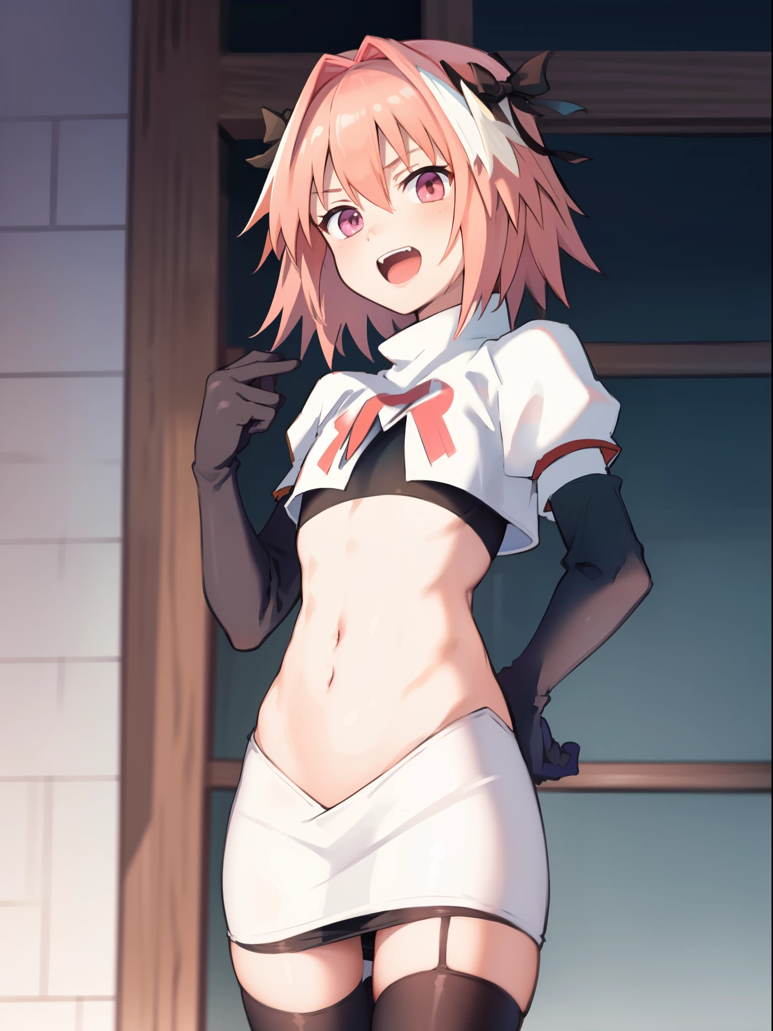 absurdres, masterpiece, best quality, (astolfo fate:1.2155), 1boy, male focus, trap, pink multicolored hair, pink hair, white hair, hair intakes, long hair, pink detailed eyes, crossdressing,1boy, team rocket,team rocket uniform, red letter R, white skirt,white crop top,black thigh-highs,black elbow gloves