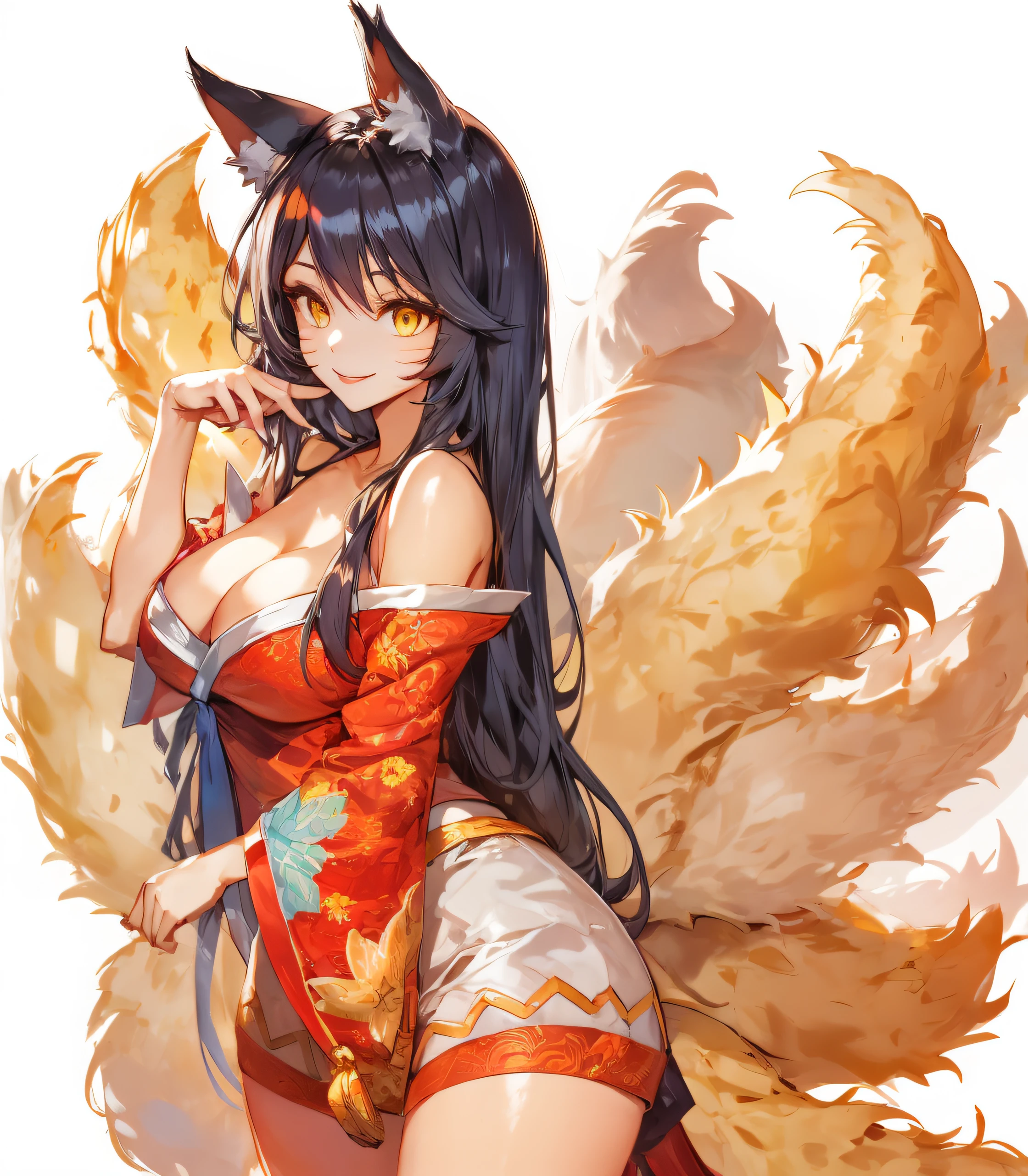 Big breasts are charming, Large breasts, ((The cleavage is tempting))，tmasterpiece,Best quality,1 busty girl,yellow eyes,Long gray hair,(ahri),black hair color hair,Eternal,Nine tails,ssmile,natural,hair adornments,Animal ears,booru,Best quality,1 plump girl,inksahli,Multi-tailed , Foxtail, forked tail, nine furry tails, Seductive smile, ((Blank background))