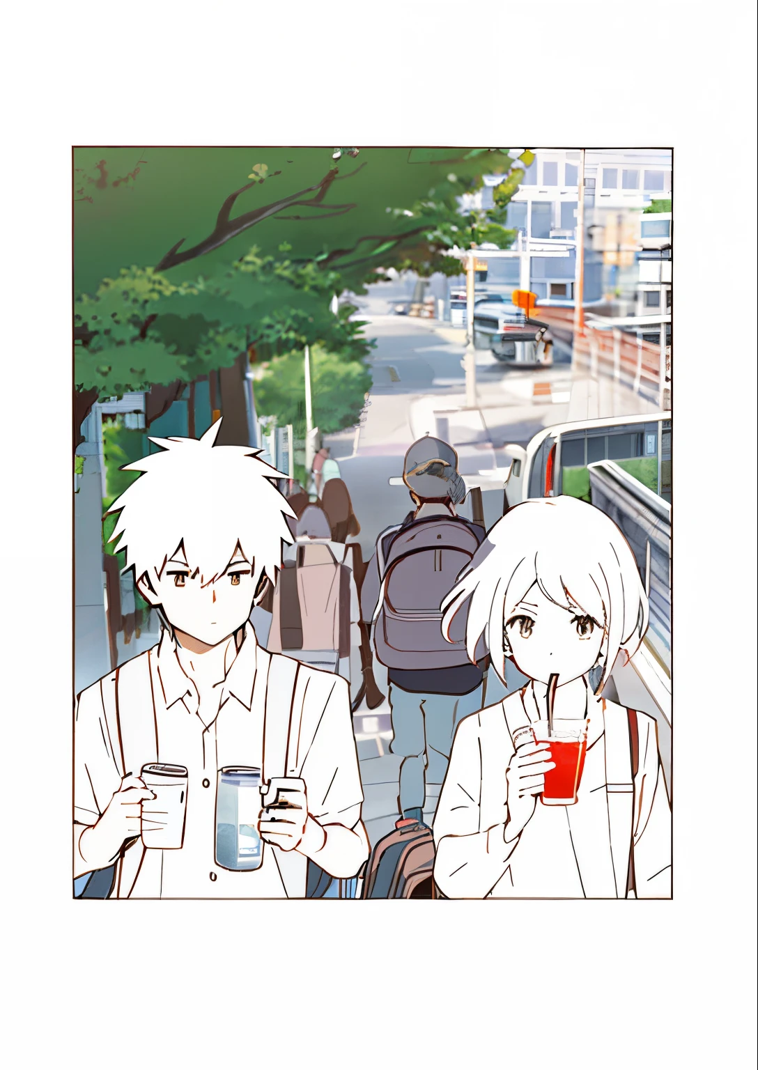 city outskirts,crossroad,A male high school student carrying a schoolbag,Keep your head down and play with your phone seriously.,short hair girl,Carrying a school bag,holding a drink,impatient