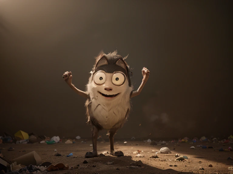 A ball of black dust happily waves its little hand in the garbage pile,Miyazaki animation style