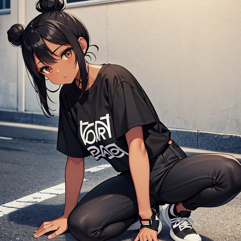 Dark Black skinned Girl with black hair in 2 buns, brown eyes, a black t shirt and black jeans with black sneakers