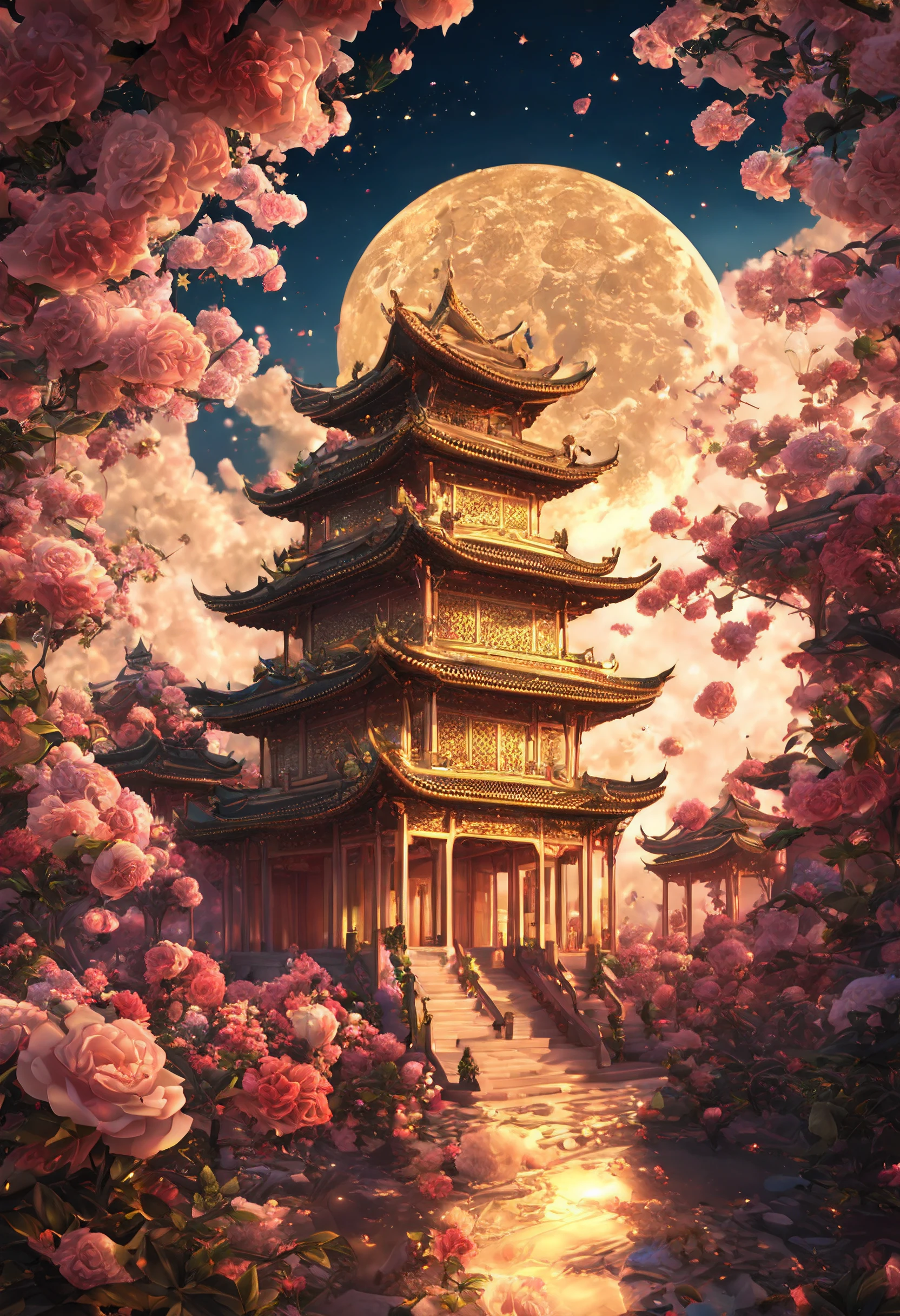 Gorgeous golden Chinese palace, CG rendering Chinese style, overlooks, mito, wonderland, surrounded by roses, The Rose Road. Rose bushes, clear bright rose, Efeito de Luz, dream, starrysky, super detailing, illustratio, 16K Unreal Engine, ethereal clouds. Moon, HD 16K processing,,HD --AR 9:16