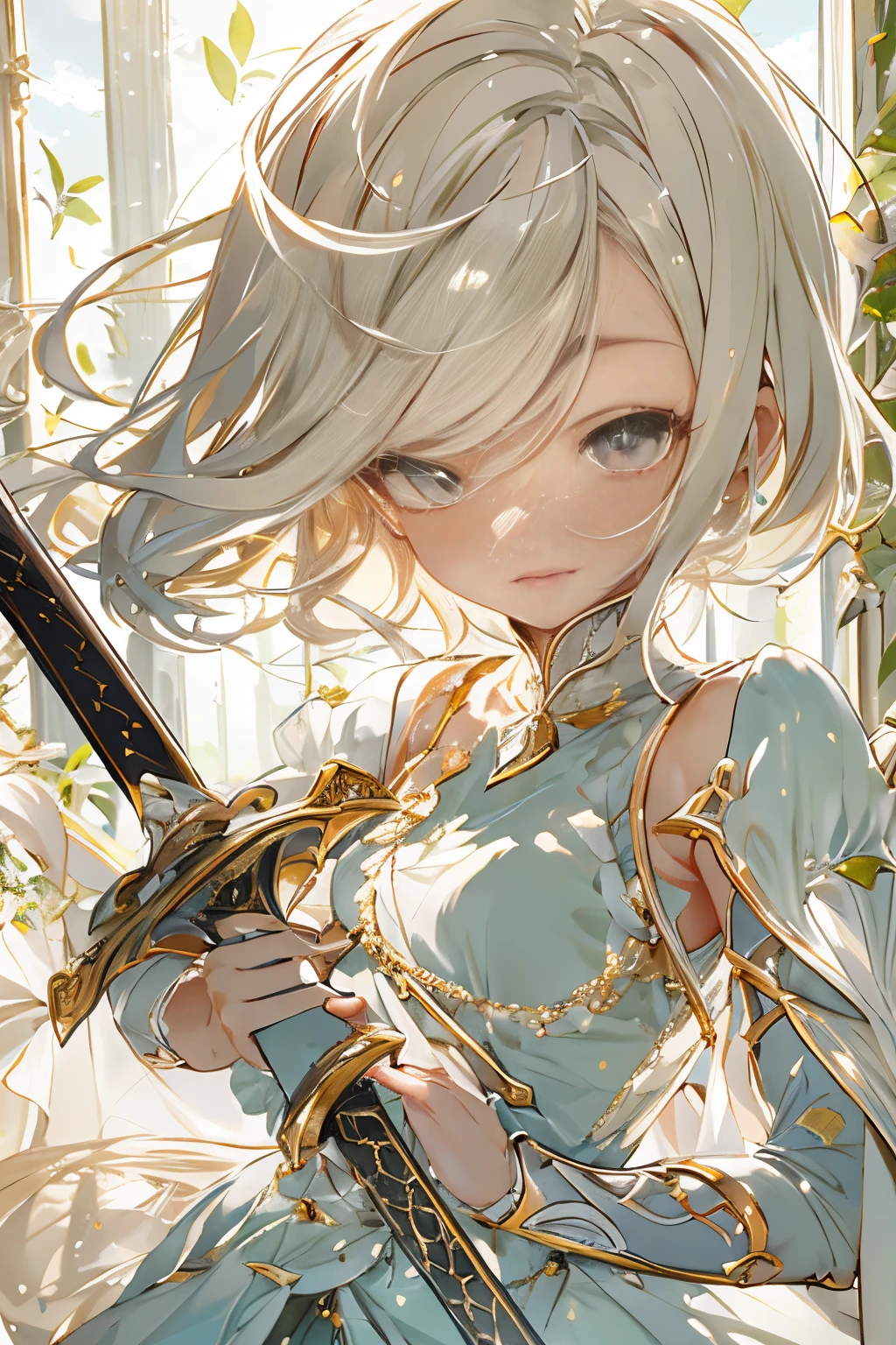 delicate and graceful sword, Woman with a sword、parfect anatomy、Cute little girl s、Sun background