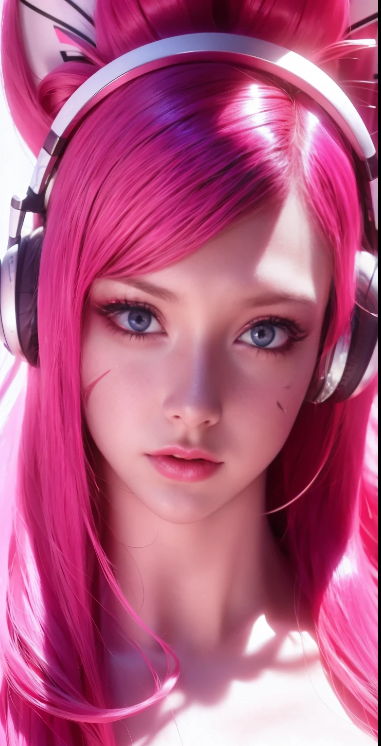 fuchsia hair, silver headphones, blue eyes, attractive red lips, upper body, white shirt, cropped shoulders, massive ceiling, tattoos on the shoulders, (best quality, 4k, highres, masterpiece:1.2), ultra-detailed, (realistic, photorealistic:1.37), portraits