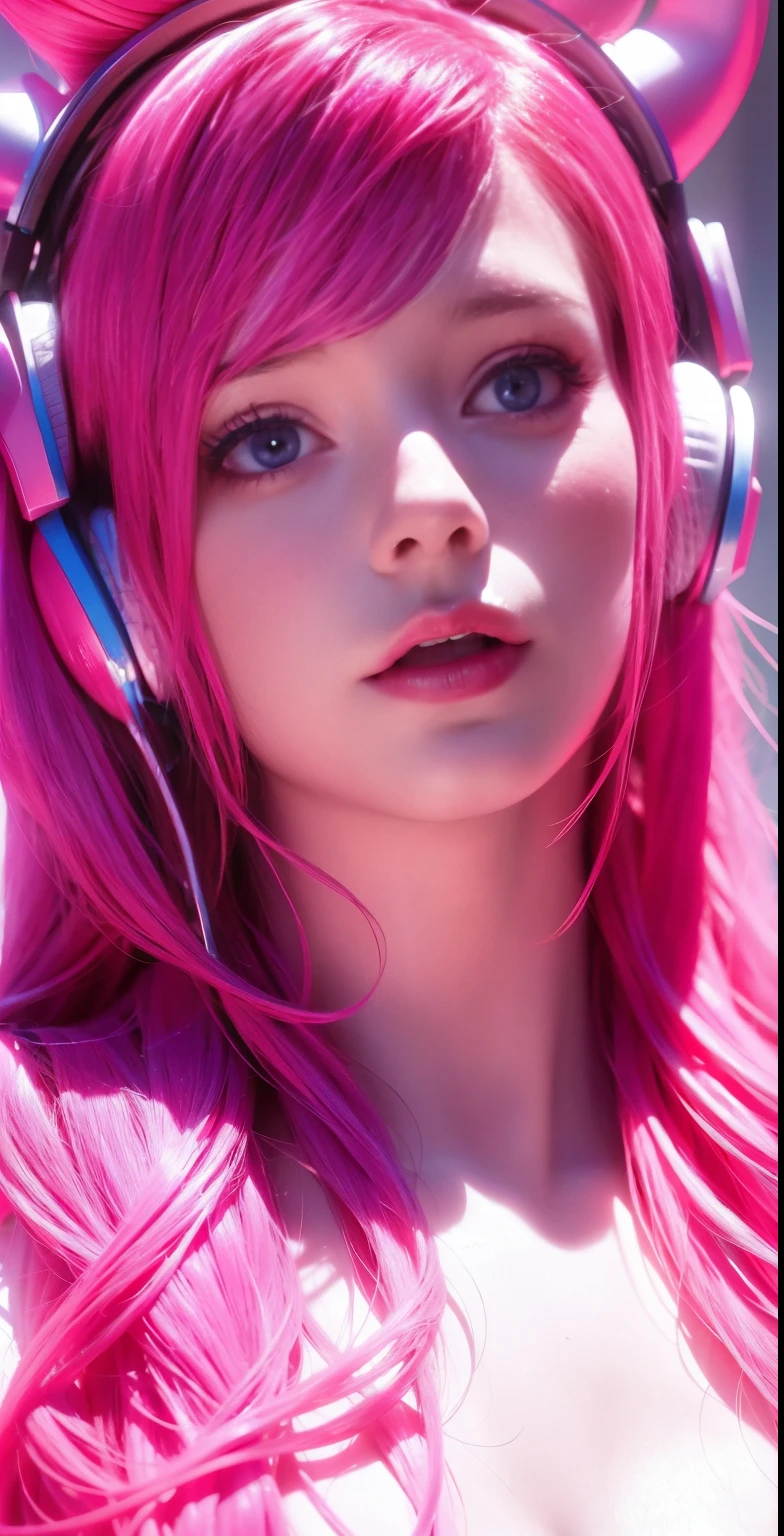 fuchsia hair, silver headphones, blue eyes, attractive red lips, upper body, white shirt, cropped shoulders, massive ceiling, tattoos on the shoulders, (best quality, 4k, highres, masterpiece:1.2), ultra-detailed, (realistic, photorealistic:1.37), portraits