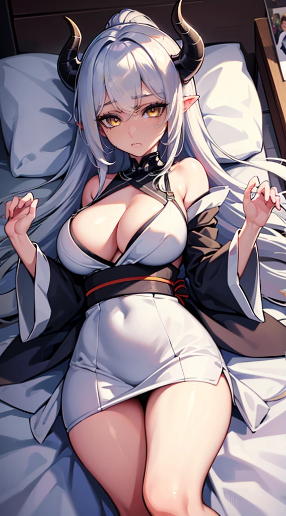 Best Quality, 8k, (masterpiece:1.2), ultra-detailed, expressive background, balance, Demon girl, 1Female, 1Demon-Girl, (Shy look at viewer, blushing, shy) Yellow eyes, long gray hair, Long hair, Big white horns, White kimono , Sexy white dress, Sensual, Sexy, Sensual body, Huge boobs, Perfect curves, Majestic, Lying on a bed, back room