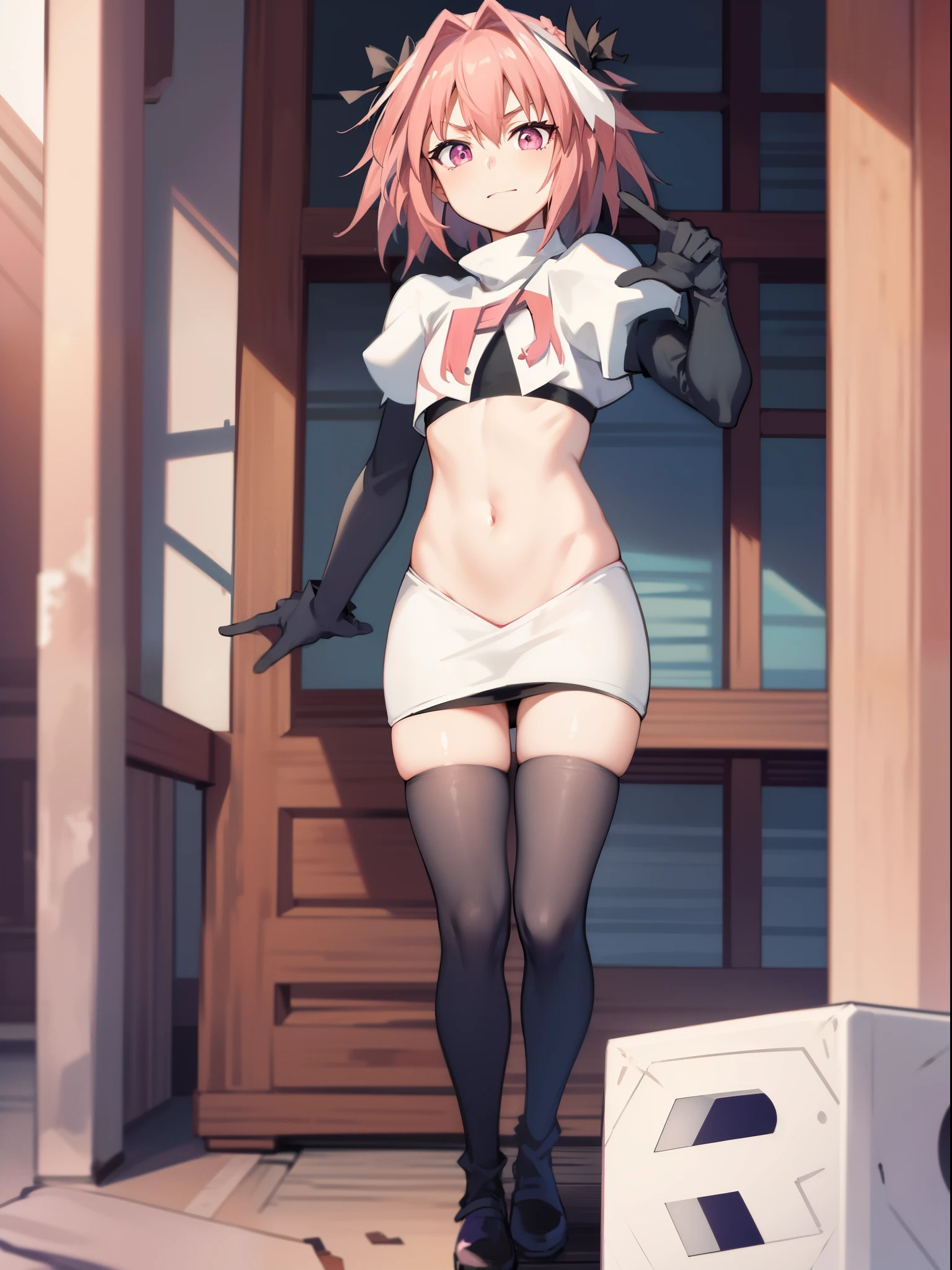 absurdres, masterpiece, best quality, (astolfo fate:1.2155), 1boy, male focus, trap, pink multicolored hair, pink hair, white hair, hair intakes, long hair, pink detailed eyes, crossdressing,1boy, team rocket,team rocket uniform, red letter R, white skirt,white crop top,black thigh-highs,black elbow gloves