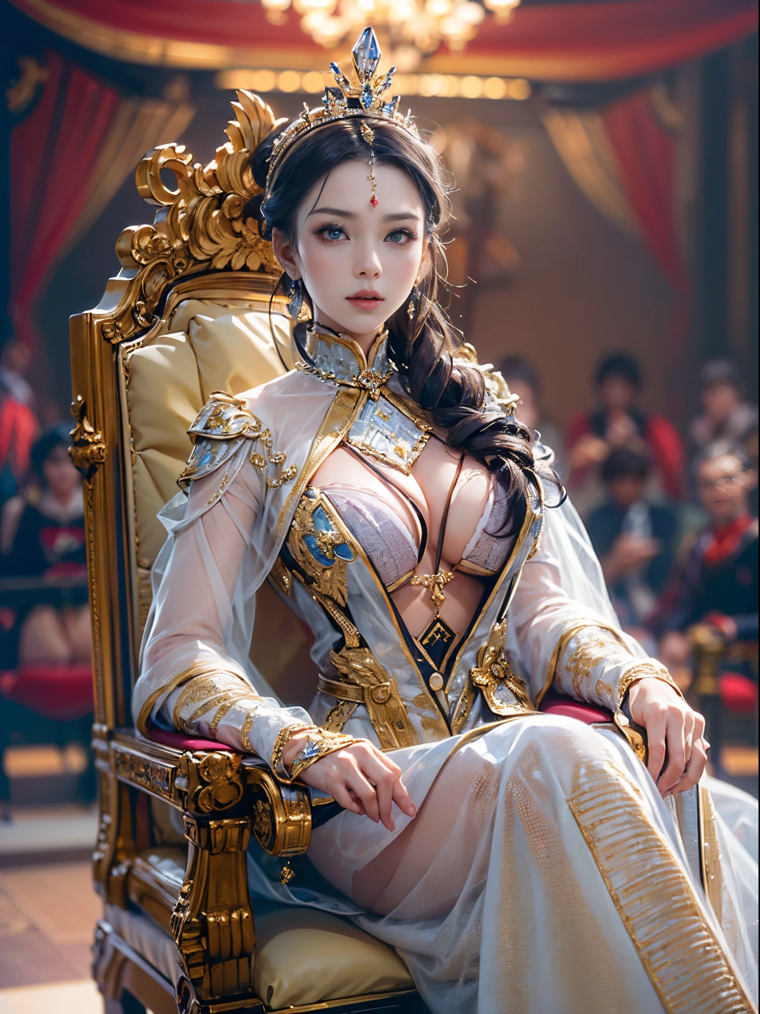 ((The beauty of the emperor sitting on a luxurious chair:1.2))、8K high image quality、super realistic details、masutepiece、3d rendered、(Sexy costume with wide open chest)、A detailed face、Intelligent and beautiful face、Detailed body、Detailed hand、Best Quality、Best style、Dazzling light、Focus on your face、Blur the background、