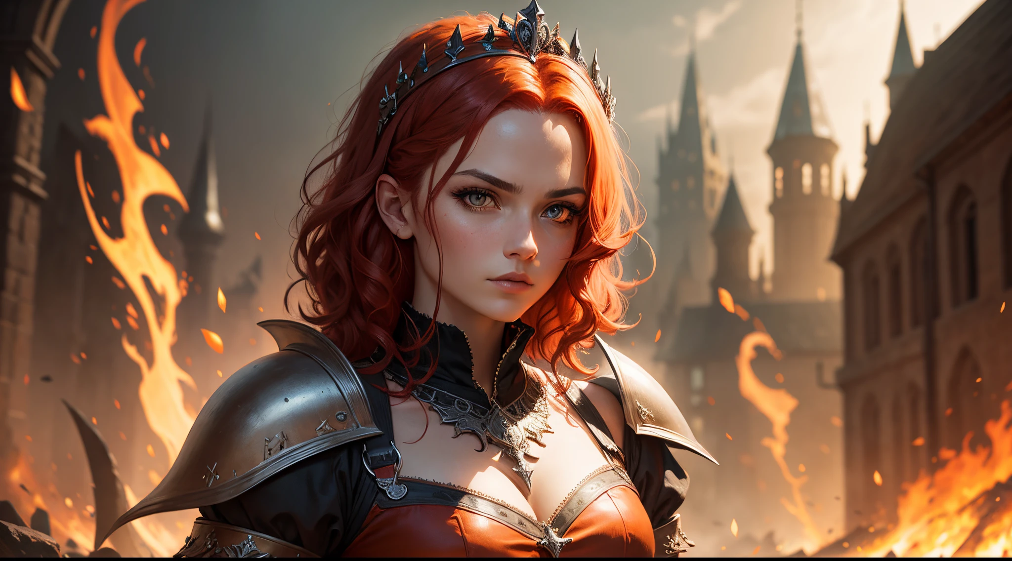 medieval warrior,magical air,short hair,wavy hair,tiara,red hair,orange eyes,serious,high detail,Gothic art,UHD,high quality,16k