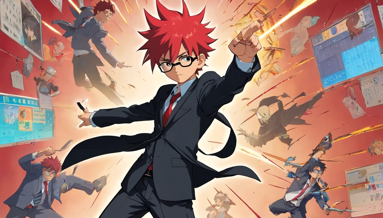 15 year old boy named Calvin Chandra, red spiky high hair, face with stitches and scars, dressed as a businessman with black suit and dark glasses, brings nunchaku and tablet on his back, fierce yet kind face ((character design sheet)) ((((different poses different angles))))