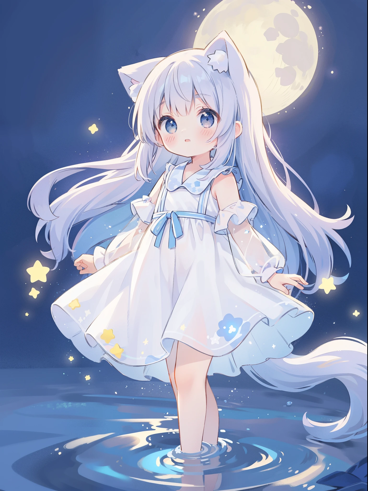 Top Quality, Masterpiece, Ultra High Resolution, Pretty Facial Features, Flat Design, Shoshi no Ko, Hoshino Ai, simple background, giant glowing cute stars, ziyu, colorful, cute girl standing in water, starry sky in background, huge full moon, water ripples, beautiful simple flowing white dress
