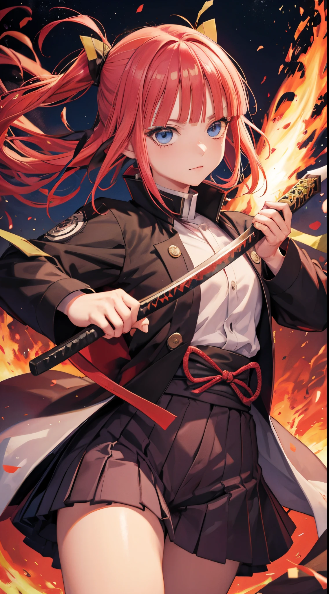 Nino Nakano,uniforme de kimetsu no yaiba,Pueblo, wielding a fire katana,postura de combate