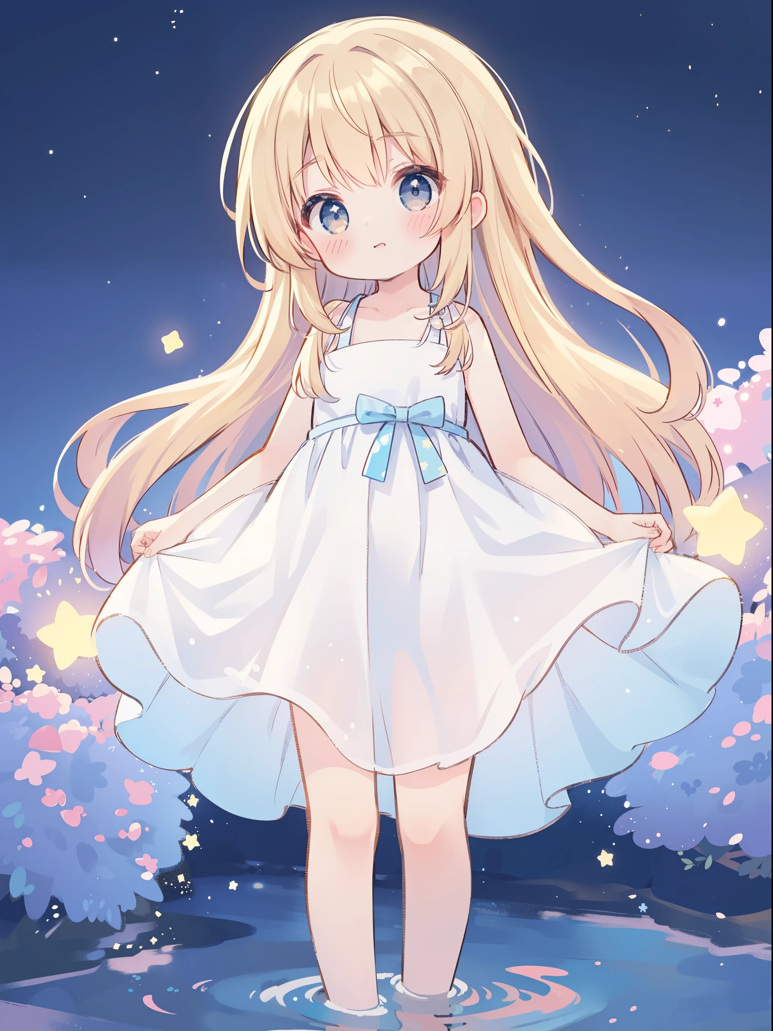 Top Quality, Masterpiece, Ultra High Resolution, Pretty Facial Features, Flat Design, Shoshi no Ko, Hoshino Ai, simple background, giant glowing cute stars, ziyu, colorful, cute girl standing in water, starry sky in background, huge full moon, water ripples, beautiful simple flowing white dress