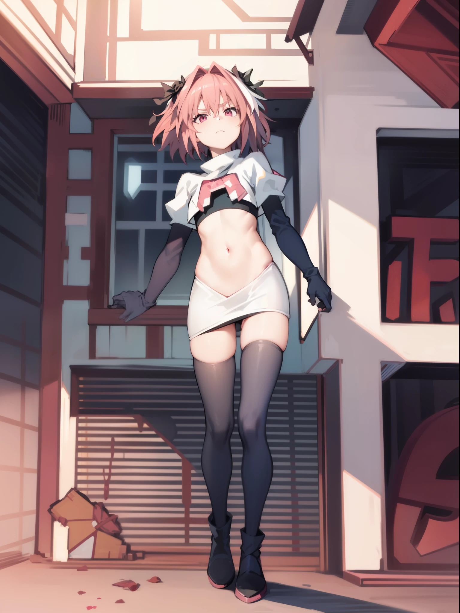 absurdres, masterpiece, best quality, (astolfo fate:1.2155), 1boy, male focus, trap, pink multicolored hair, pink hair, white hair, hair intakes, long hair, pink detailed eyes, crossdressing,1boy, team rocket,team rocket uniform, red letter R, white skirt,white crop top,black thigh-highs,black elbow gloves