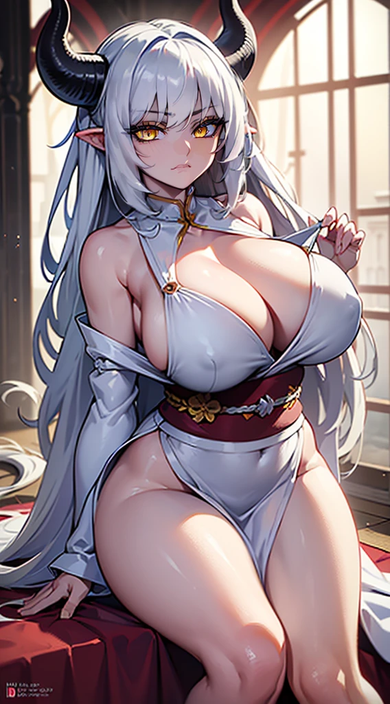 Best Quality, 8k, (masterpiece:1.2), ultra-detailed, expressive background, balance, Demon girl, 1Female, 1Demon-Girl, Yellow eyes, long gray hair, Long hair, Big white horns, White kimono, Sexy white dress, Sensual, Sexy, Sensual body, Huge boobs, Perfect curves, Majestic, open mouth, cute fangs