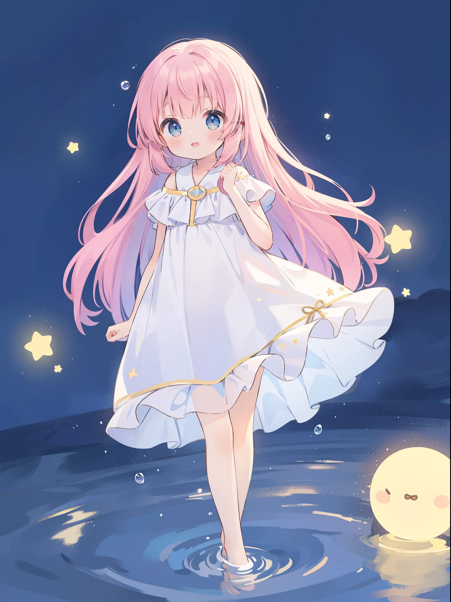 Top Quality, Masterpiece, Ultra High Resolution, Pretty Facial Features, Flat Design, Shoshi no Ko, Hoshino Ai, simple background, giant glowing cute stars, ziyu, colorful, cute girl standing in water, starry sky in background, huge full moon, water ripples, beautiful simple flowing white dress