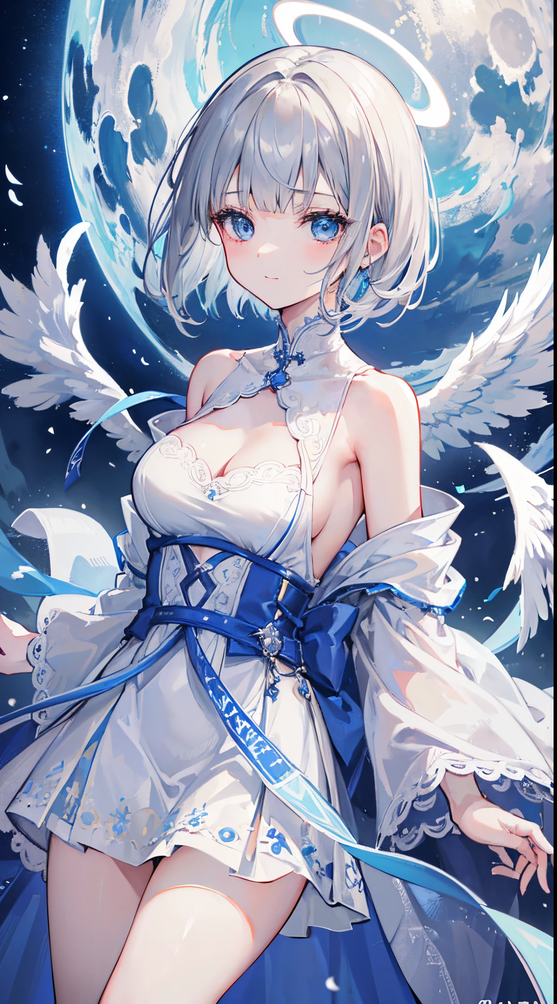 (8k、Top image quality、top-quality、masterpiece)、A detailed face、1 girl in、Gray-haired shorthair、blunt bangs、light blue eyes、A slight smil、Halo、robe blanche、cleavage、a miniskirt、one white winged、cowboy shot、POV、Moonlit Night Background