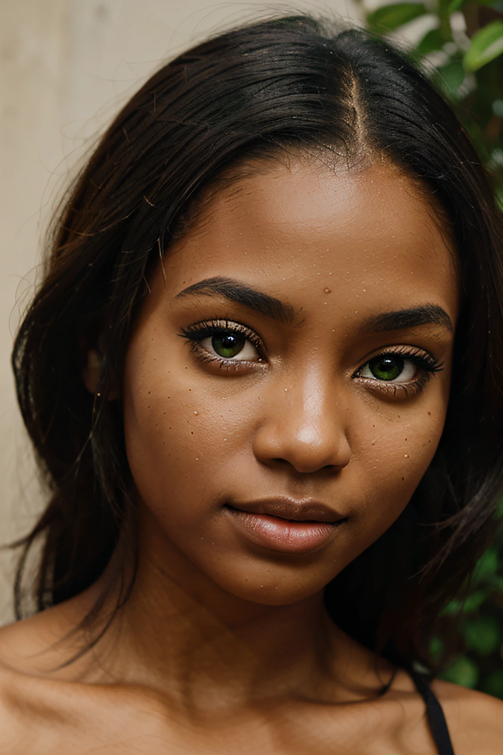 generate a beautiful black girl with green eyes