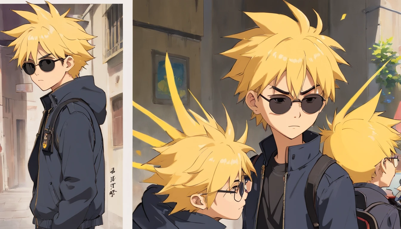 17 year old young adult named Calvin Chandra, yellow spiky high hair, face with scars, dressed as a bodyguard with black jacket and sunglasses, brings suitcase on his back, fierce yet kind face ((character design sheet)) ((((different poses different angles))))