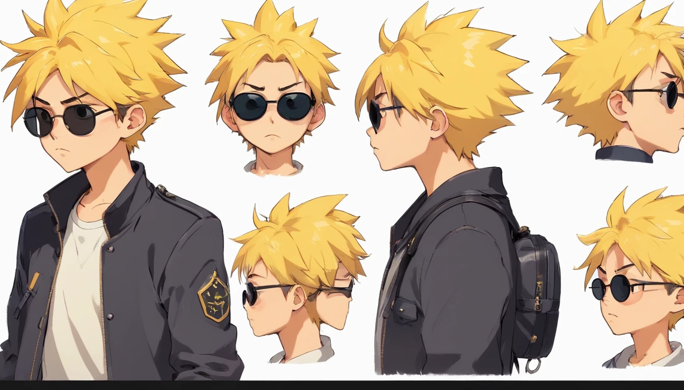 17 year old young adult named Calvin Chandra, yellow spiky high hair, face with scars, dressed as a bodyguard with black jacket and sunglasses, brings suitcase on his back, fierce yet kind face ((character design sheet)) ((((different poses different angles))))