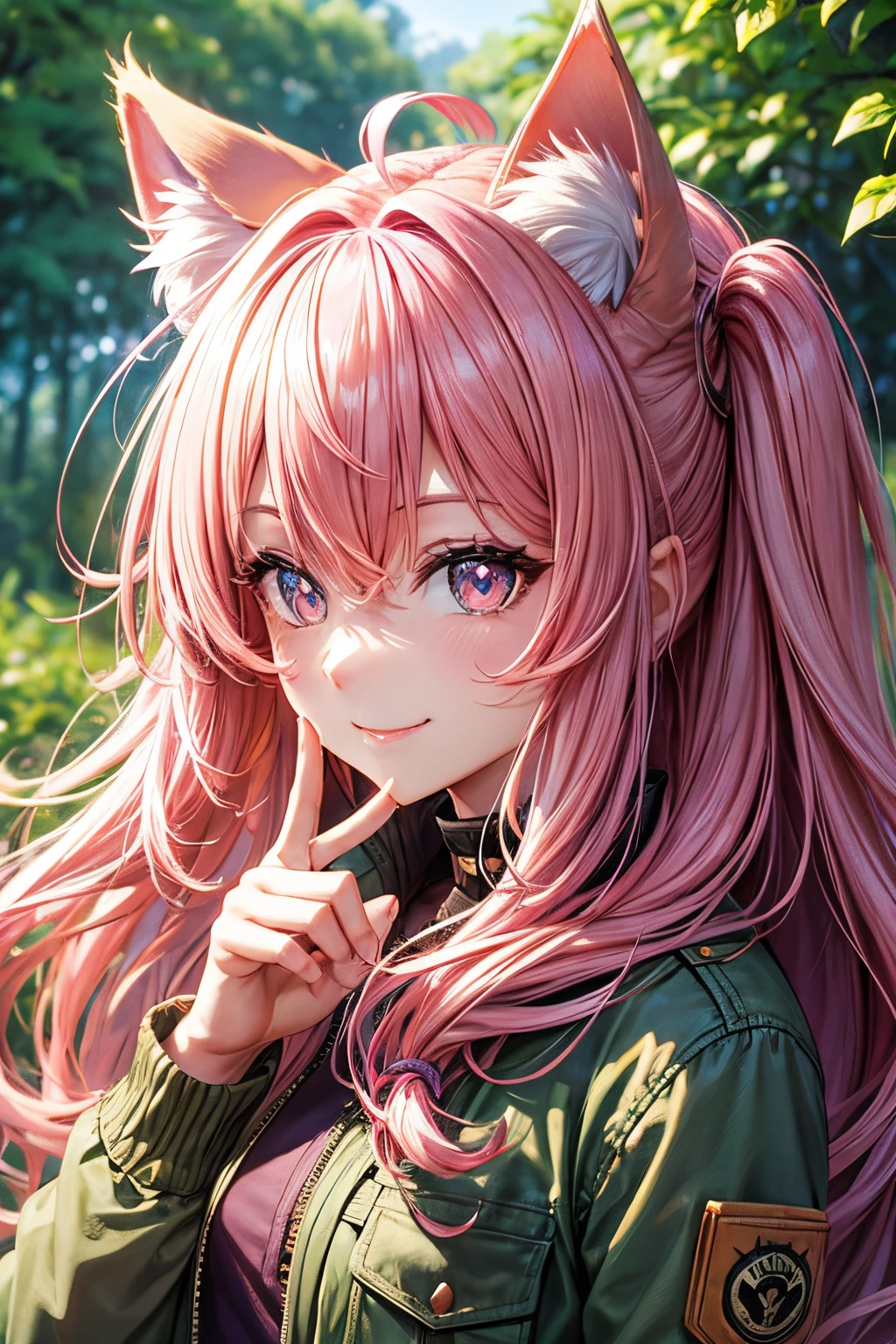 Top quality, high resolution, perfect human structure, background focus, front view, pink hair, shiny hair, cat ears, forest, safari jacket, explore, fun, heart shaped pupils , wavy hair, shiny hair, smiling, beautiful,
