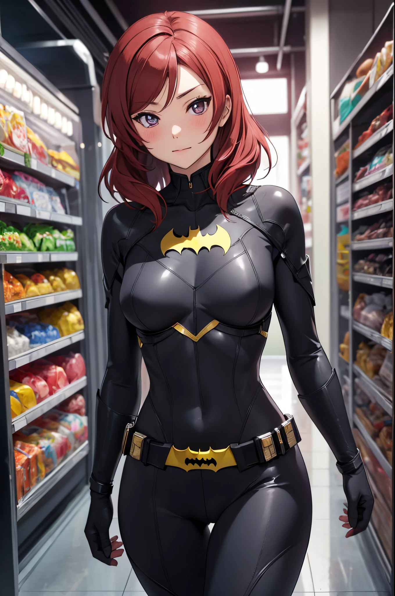 Nishikino maki,sksmaki, (tight bodysuit:1.2), batman custom , cowboy shot,belt, Blushing