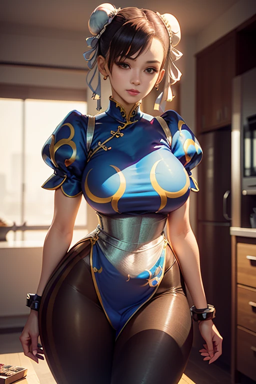 (1girl), (sozinho:1.4), Chun-Li, sf2 a, 40 anos, mature-looking woman, MILF, (em um qipao azul e dourado bordado, clivagem, leggings marrons, tanga), (olhos castanhos, short hair, brown hair, coque duplo), Oppai proportions, Deusa japonesa, altamente detalhado, seios grandes, clivagem, Contorno do mamilo, pele brilhante, Corpo Perfeito, rosto perfeito, anime hiper-realista, posar para uma foto,