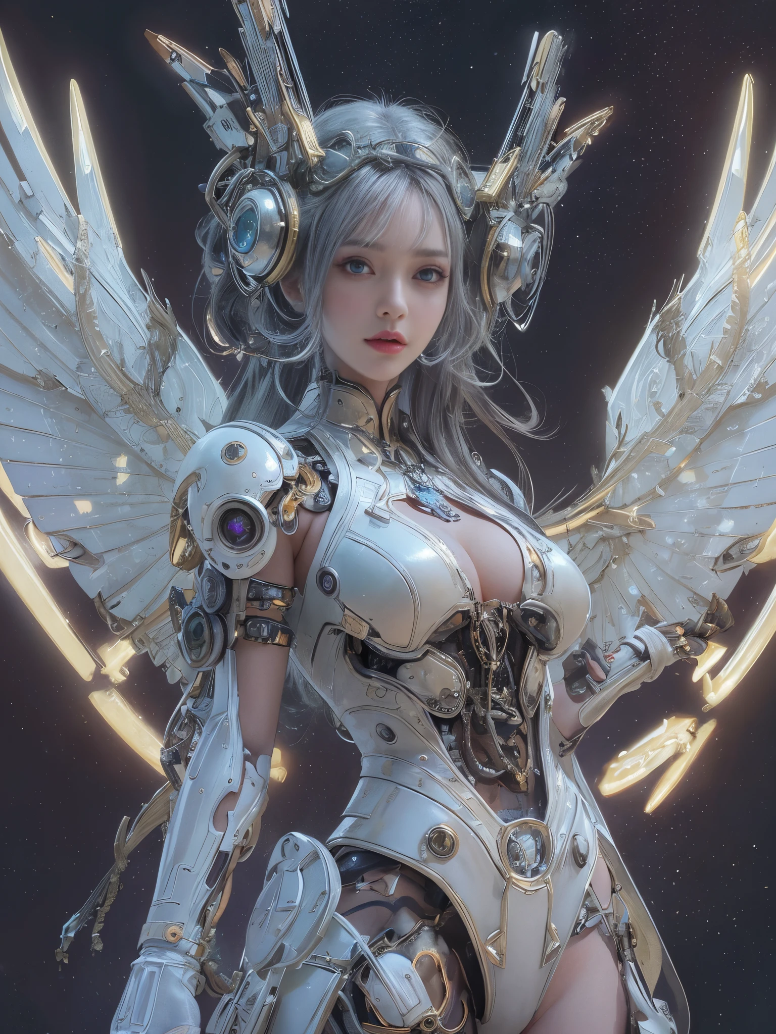 (((Full Body Shot)))、
(((Full Body Shot)))、 top-quality、masterpiece、A high resolution、(Photorealsitic:1.4)、Raw photo、Steampunk Cyborg Angel、large wings made of metal、White porcelain body、Acrylic Clear Cover、white hair、glowy skin、1 Cyborg Girl、Very Beautiful Korean+Chinese Girl、((super realistic details))、globalillumination、Shadow、octan render、8K、ultrasharp、character edge light,Colossal tits、Raw skin is exposed in cleavage、Details of complex ornaments、Sumerian details、Hydraulic cylinder、Small LED lamp、highly intricate detail、Realistic light、a purple eye、radiant eyes、Facing the camera、neon details、Futuristic headgear、About Cyberpunk, look at viewer