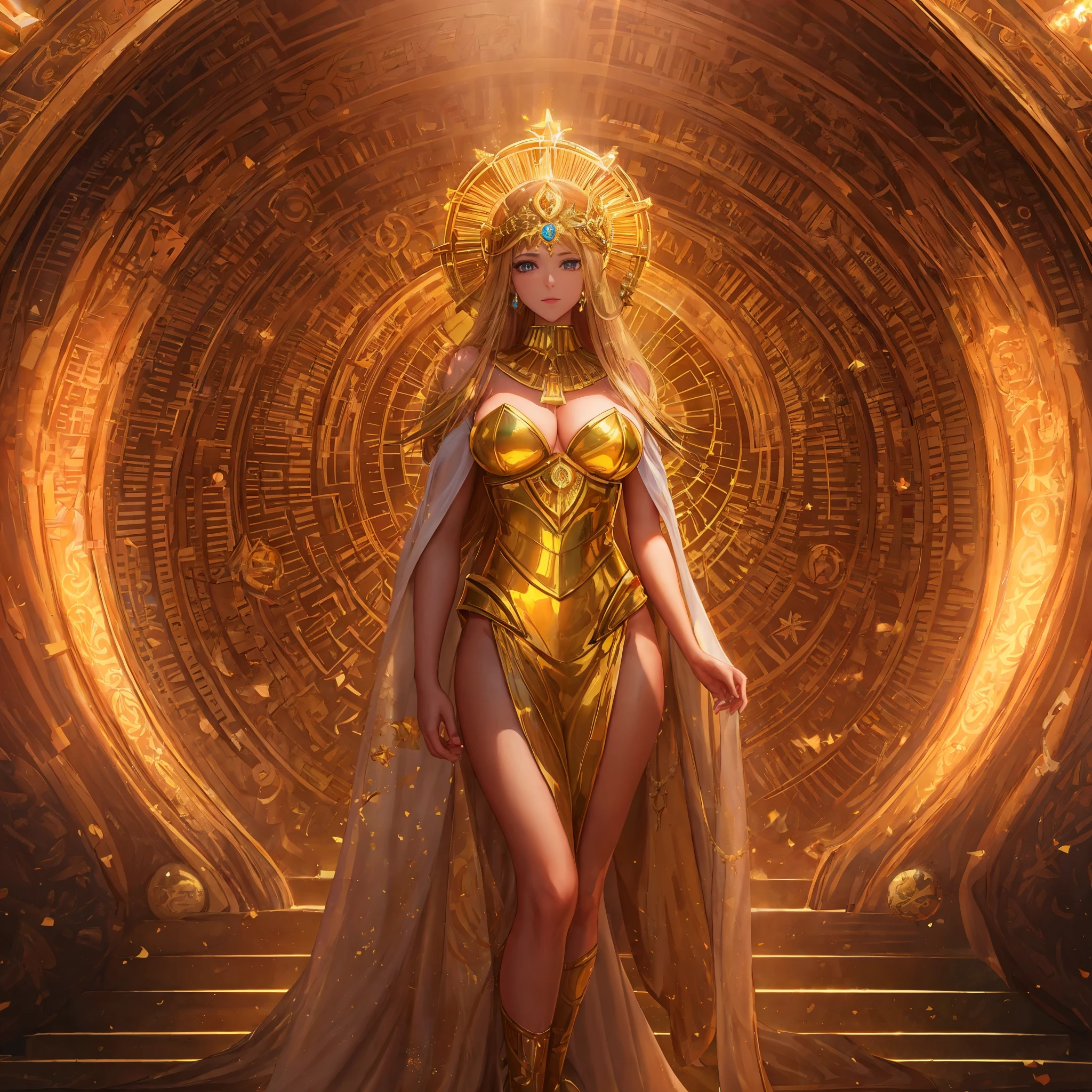Full body shot, Arad woman in gold crown standing in the tunnel,cinematic goddess body shot,Goddess of Light,the sailor galaxia。big breasts beautiful,Heavenly Goddess,a beautiful fantasy empress,Golden Goddess,as the goddess of the sun,goddess of the sun,Movie goddess shots,Golden Goddess Athena,full body cgsociety,Big breasts Half naked