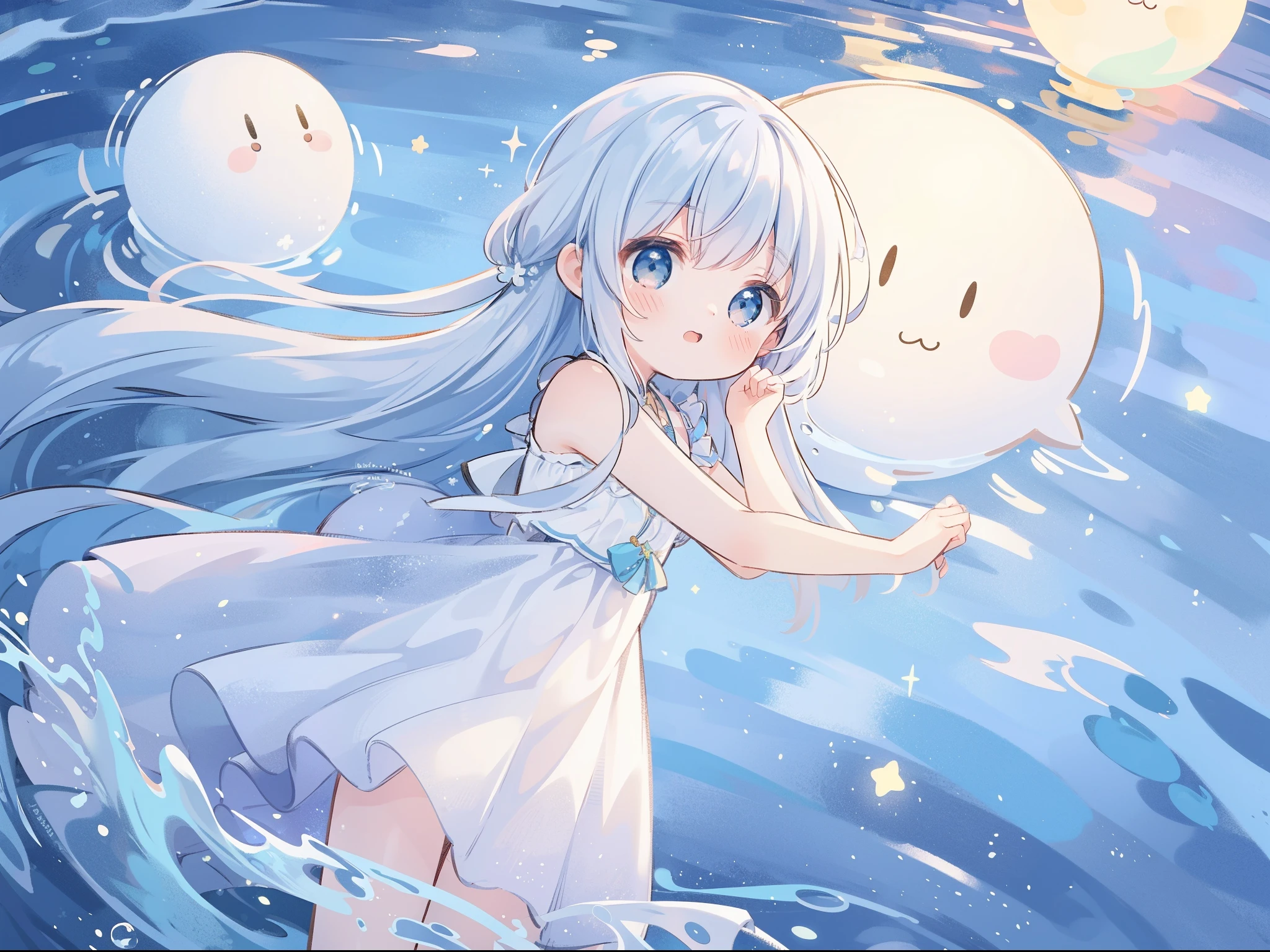 Top Quality, Masterpiece, Ultra High Resolution, Pretty Facial Features, Flat Design, Shoshi no Ko, Hoshino Ai, simple background, giant glowing cute stars, ziyu, colorful, cute girl standing in water, starry sky in background, huge full moon, water ripples, beautiful simple flowing white dress