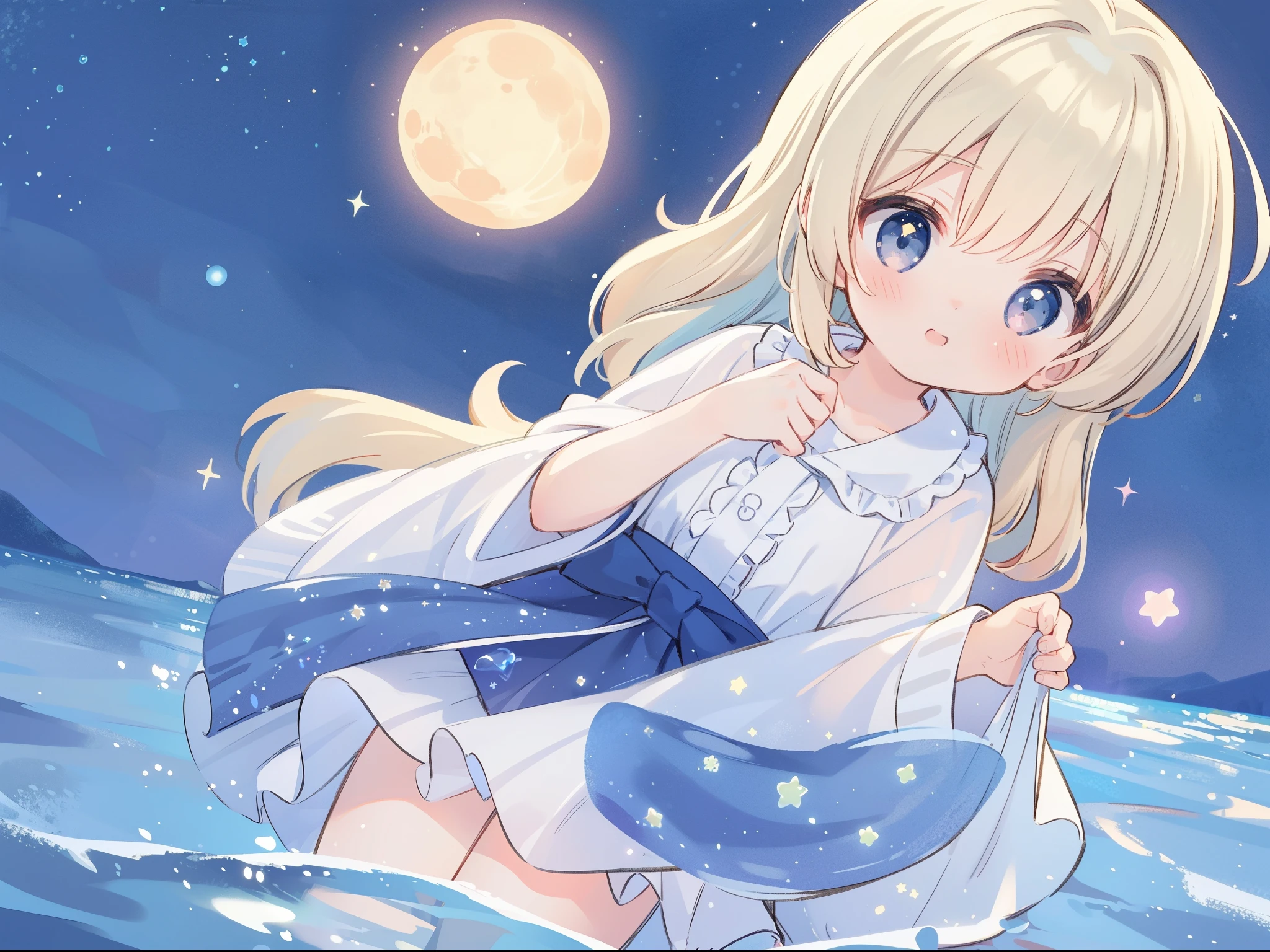 Top Quality, Masterpiece, Ultra High Resolution, Pretty Facial Features, Flat Design, Shoshi no Ko, Hoshino Ai, simple background, giant glowing cute stars, ziyu, colorful, cute girl standing in water, starry sky in background, huge full moon, water ripples, beautiful simple flowing white dress