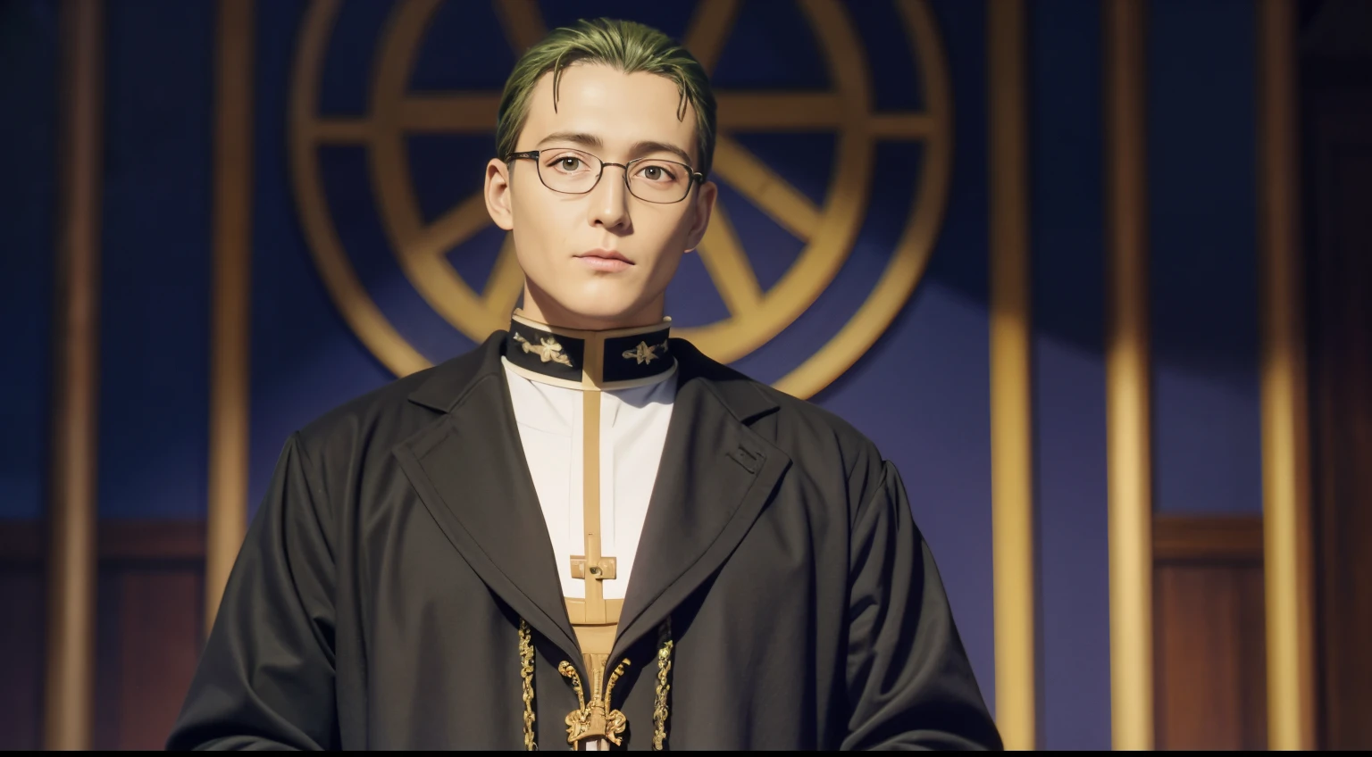 Heiter, 1man, glasses, priest, robe, green hair, detailed face, detailed eyes, upper body