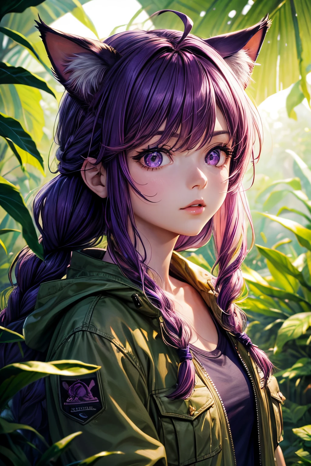 Top quality, high resolution, perfect human structure, background focus, front view, purple hair, glowing hair, cat ears, french braid, crazy eyes, jungle, safari jacket,