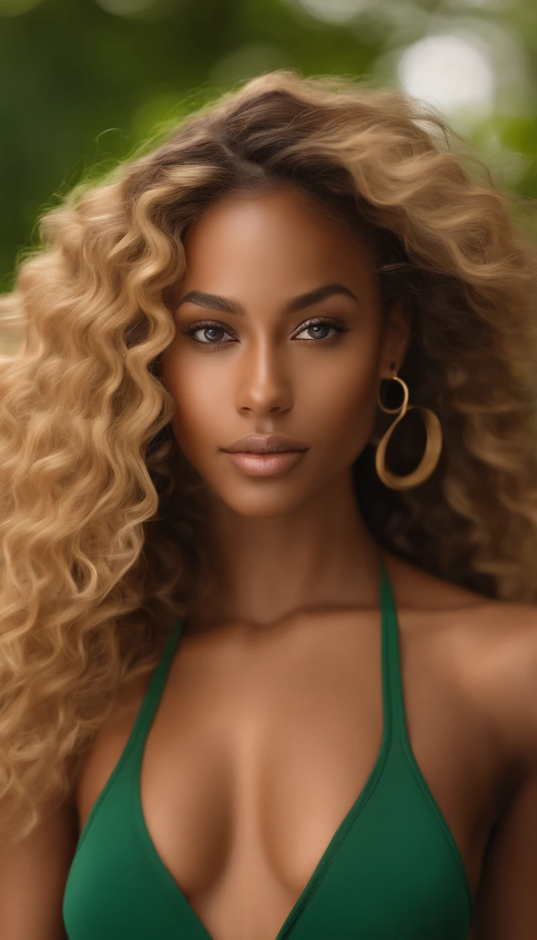 "Ultra-realistic image of a beautiful 21-year-old Afro-Latin girl, Caramel skin, perfect body, strong chest, thin nose, Thin waist, blonde hair, loose wavy hair Caribbean, piercing green eyes. hyper-realistic, correct anatomy Facial features are carefully represented Free loose wavy blonde hair, (yard, loose wavy blonde hair), Long loose wavy blonde hair, versatile hair, yard, loose wavy blonde hair, loose wavy blonde hair, loose wavy hair spread out, loose wavy Hair texture, loose wavy at the gym