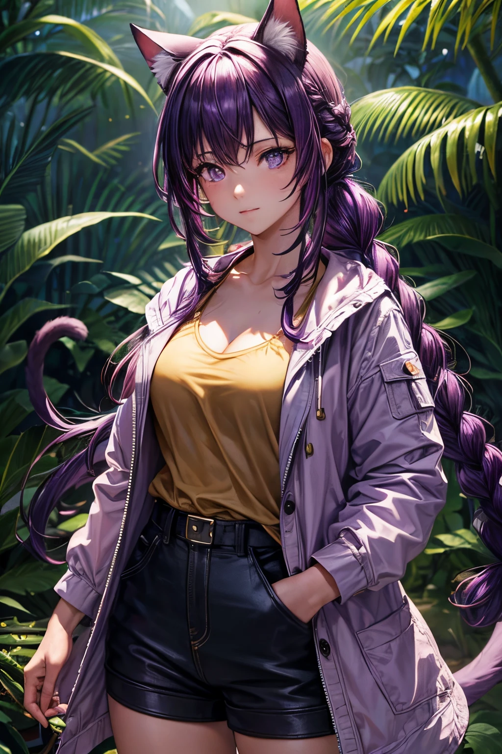 Top quality, high resolution, perfect human structure, background focus, front view, purple hair, glowing hair, cat ears, french braid, crazy eyes, jungle, safari jacket,
