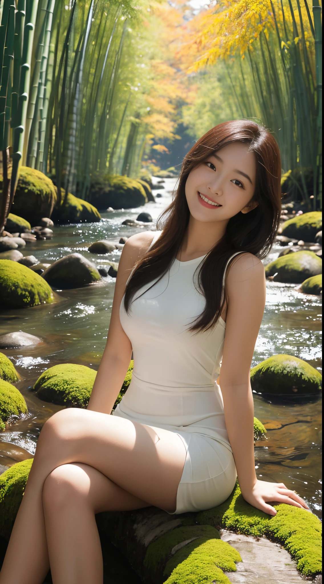 On a vibrant autumn afternoon,8K high-definition painting shows a 19-year-old girl。She is wearing a white tight dress,Sitting quietly on the big moss-covered stone in the bamboo forest。Sunlight shines,Her smile is like the autumn sunshine,Full of youthful vitality。Surrounding bamboo forest、The gurgling river water together forms a beautiful picture,Telling about the autumn afternoon time。