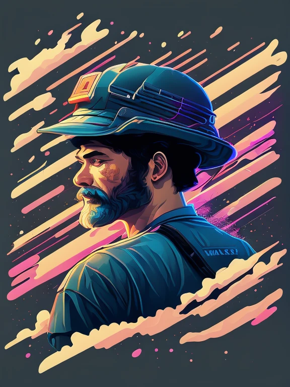 A detailed illustration of a walker, using a backpack, cartoon style, colors, two-dimensional, planar vector, character design, (((t-shirt design))), stickers, colorful splashes and T-shirt design, Studio Ghibli style, soft tetrad color, ((vector art)), fantasy art, watercolor effect, Alphonse Mucha, Adobe Illustrator, hand painted, digital painting, low polygon, soft lighting, aerial view, isometric style, retro aesthetic, people-focused, 8K resolution, using 4D Cinema