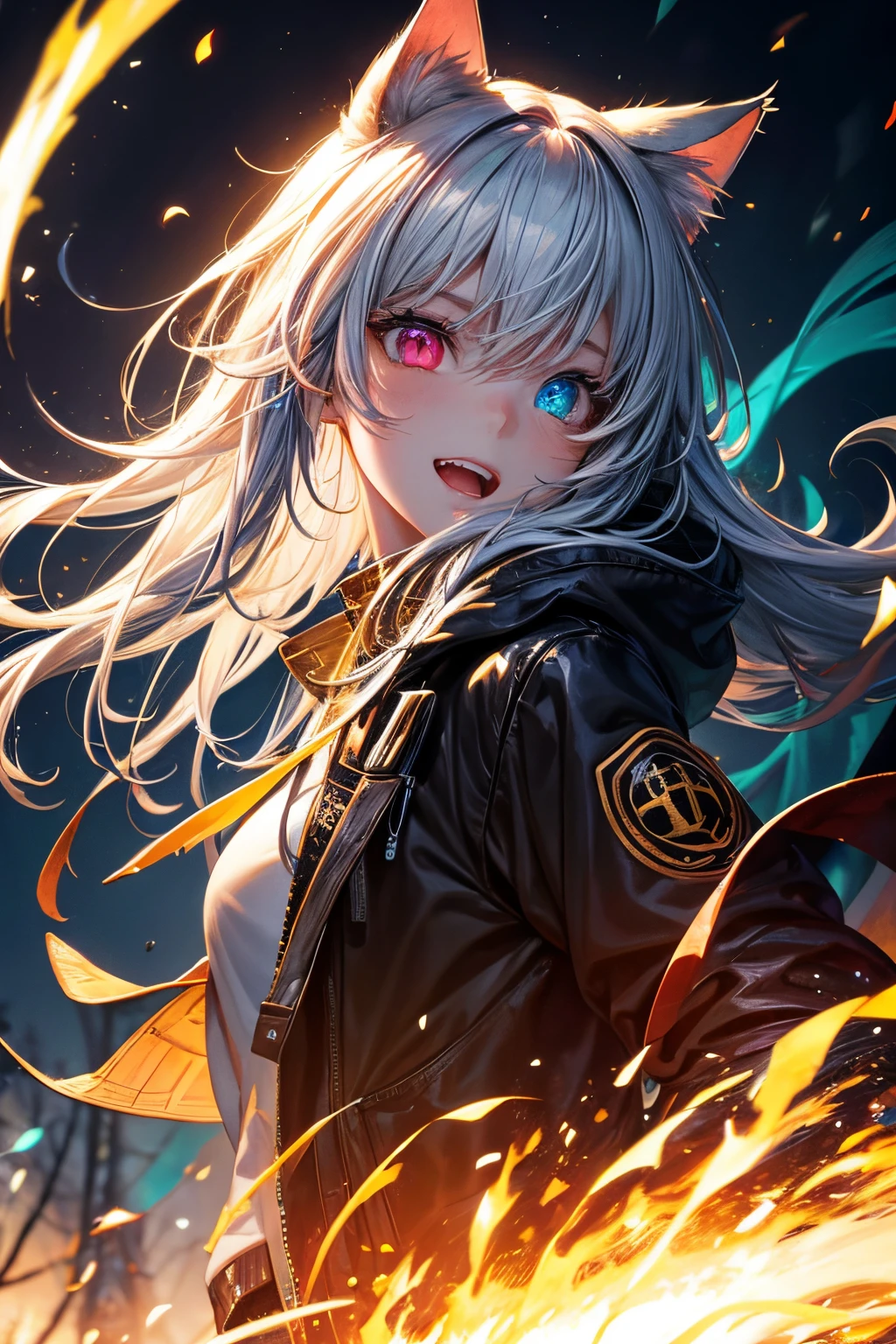 Top quality, high resolution, perfect human structure, background focus, front view, seven-color hair, glowing hair, cat ears, heterochromia, teeth, shining hair, safari jacket, forest, gradient eyes,