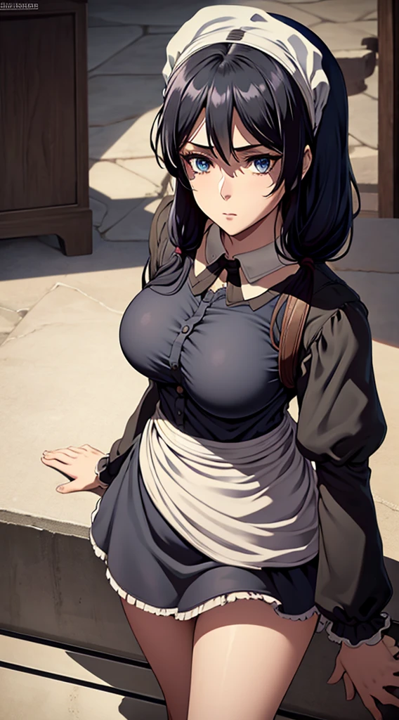 Long black hair, maid dress, massive sized , thigh legs, maid cap on her head,short maid skirt, standing,blue colour eyes,ultra realistic detailed blue eyes, beautiful and perfect face, kitchen background, Violet Evergarden's hairstyle, black hair